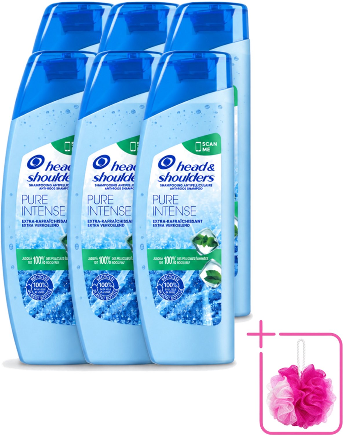 6 x Head & Shoulders - Anti-Roos Shampoo - Pure Intense - Extra Verkoelend - 250 ml - Bulkverpakking - Roosvrij haar - Douchemop - Roosbestrijding