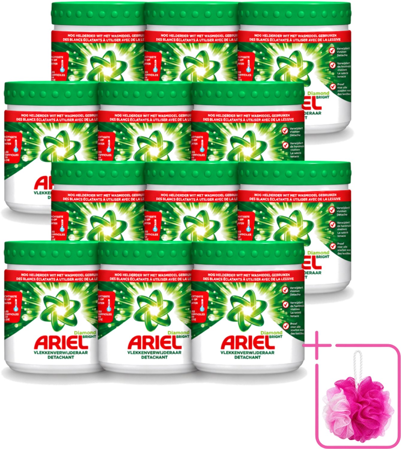 12 x Ariel Diamond Bright - Vlekverwijderaar Poeder - Witte Was - 30 Wasbeurten - Bulkverpakking - Vlekverwijderaar - Douchemop - Witte was