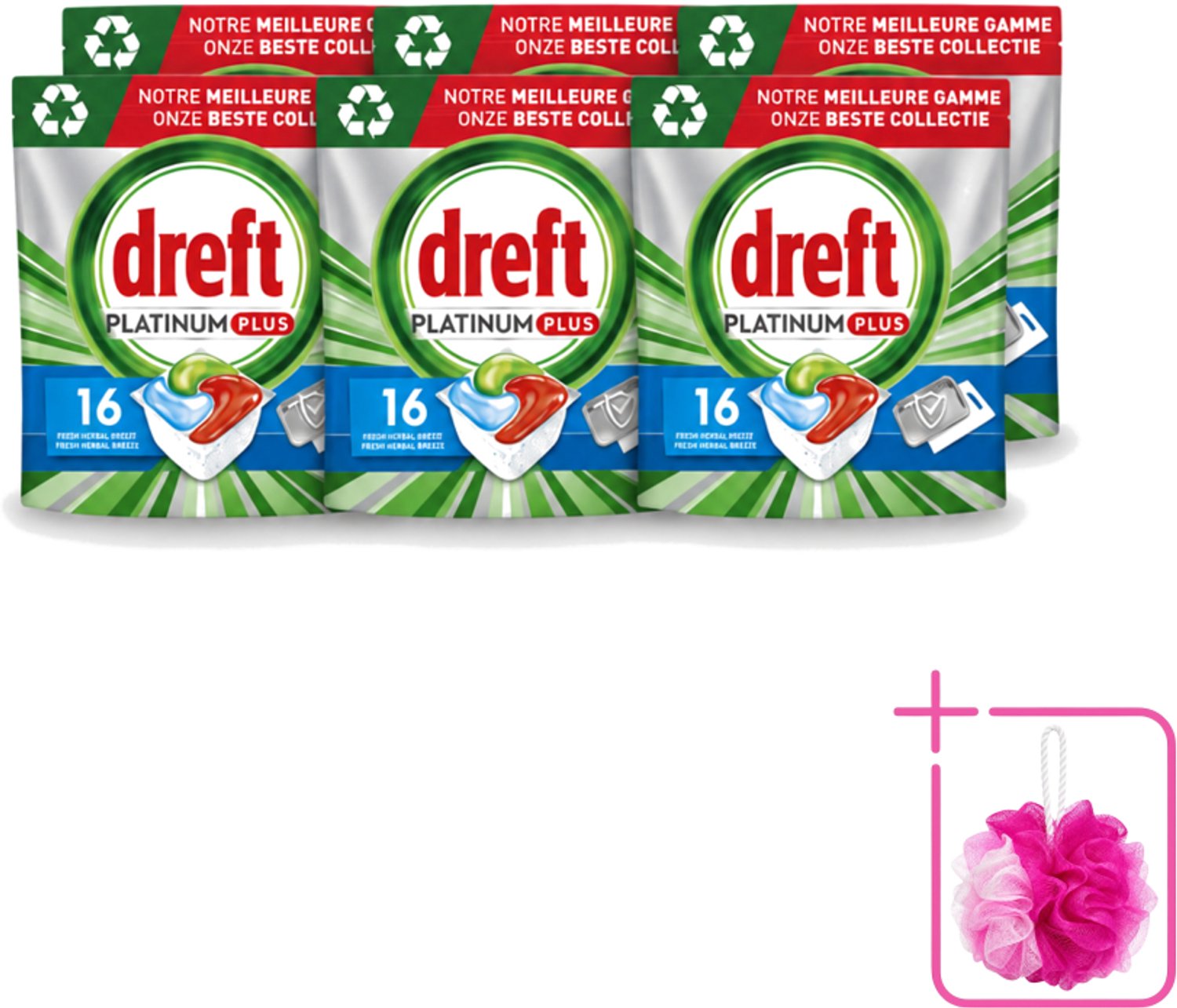 6 x Dreft Platinum Plus - All In One - Vaatwascapsules - Fresh Herbal Breeze - 16 Afwasbeurten - Bulkverpakking - Vaatwassen - Vaatwassen capsule