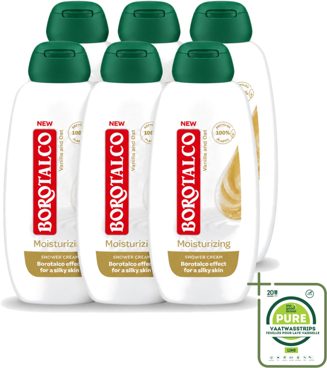 6 x Borotalco - Douchegel - Moisturizing - Vanilla & Oat - 250 ml - Grootverpakking - Vaatwasstrips - Douchegel - Huid Verzorgen - Huid Hydrateren - Vanille Geur - Haver Extract