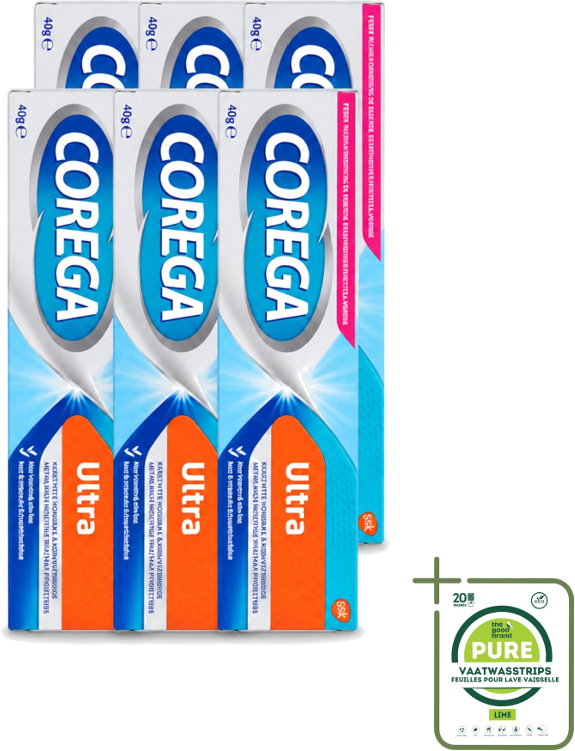 6 x Corega Ultra Kleefcrème - Krachtig Houvast & Bescherming - Met Verfrissende Mintsmaak - 40g - Grootverpakking - Vaatwasstrips - Gebitprothese Kleefcrème - Houvast Gebitsprothese - Prothese Fixatie - Prothese Crème - Mintsmaak Prothese