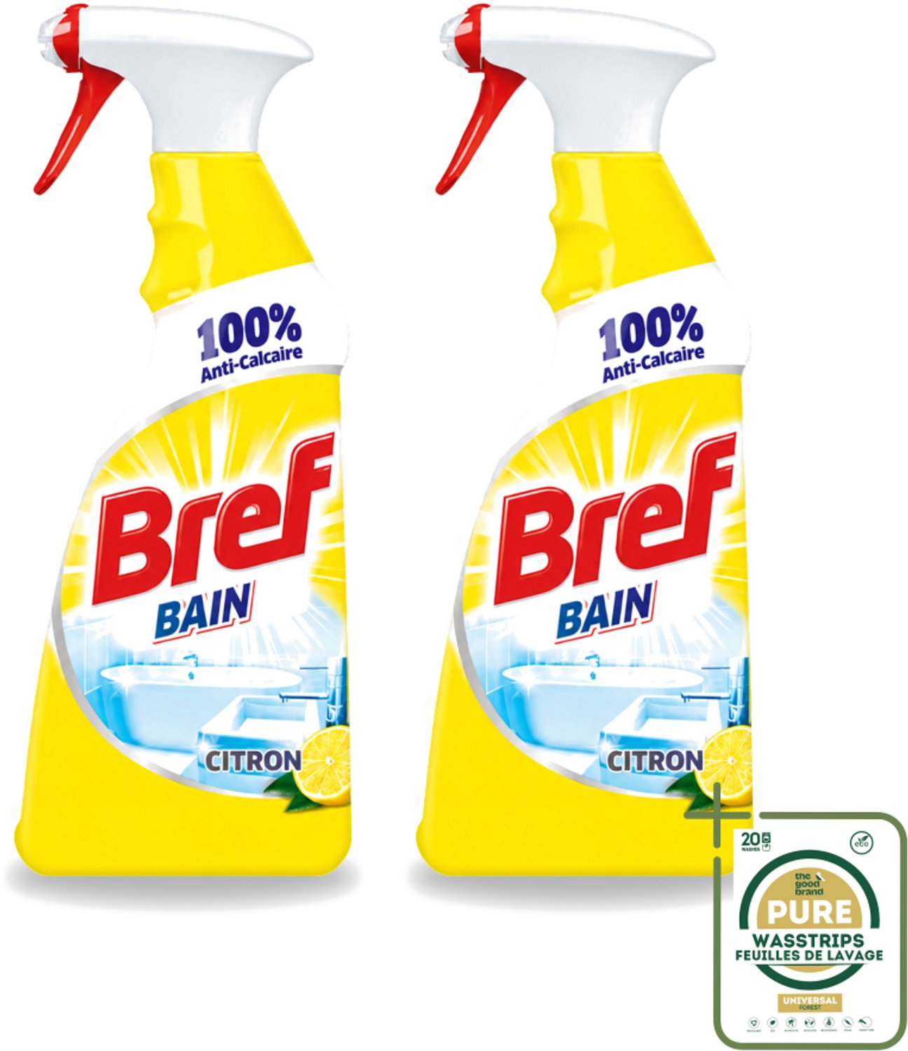 2 x Bref - Badkamerreiniger - Spray - Anti-Kalk - Citroen - 750 ml - Wasstrips - Badkamer Reiniger - Kalkbestrijder - Zeep En Vuil Verwijderen - Citroenspray - Badkamer Reinigen