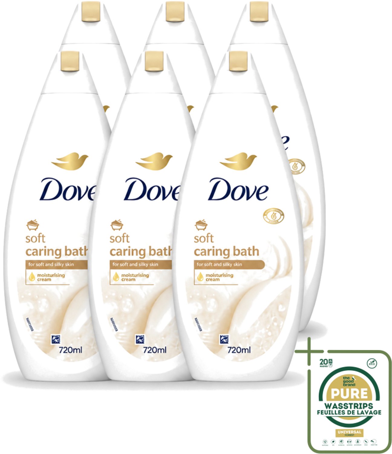 6 x Dove – Badcrème – Soft – 720 ml - Wasstrips - Douchegel - Zachte Reiniging - Zijdezachte Huid - Glycerine - Schuim