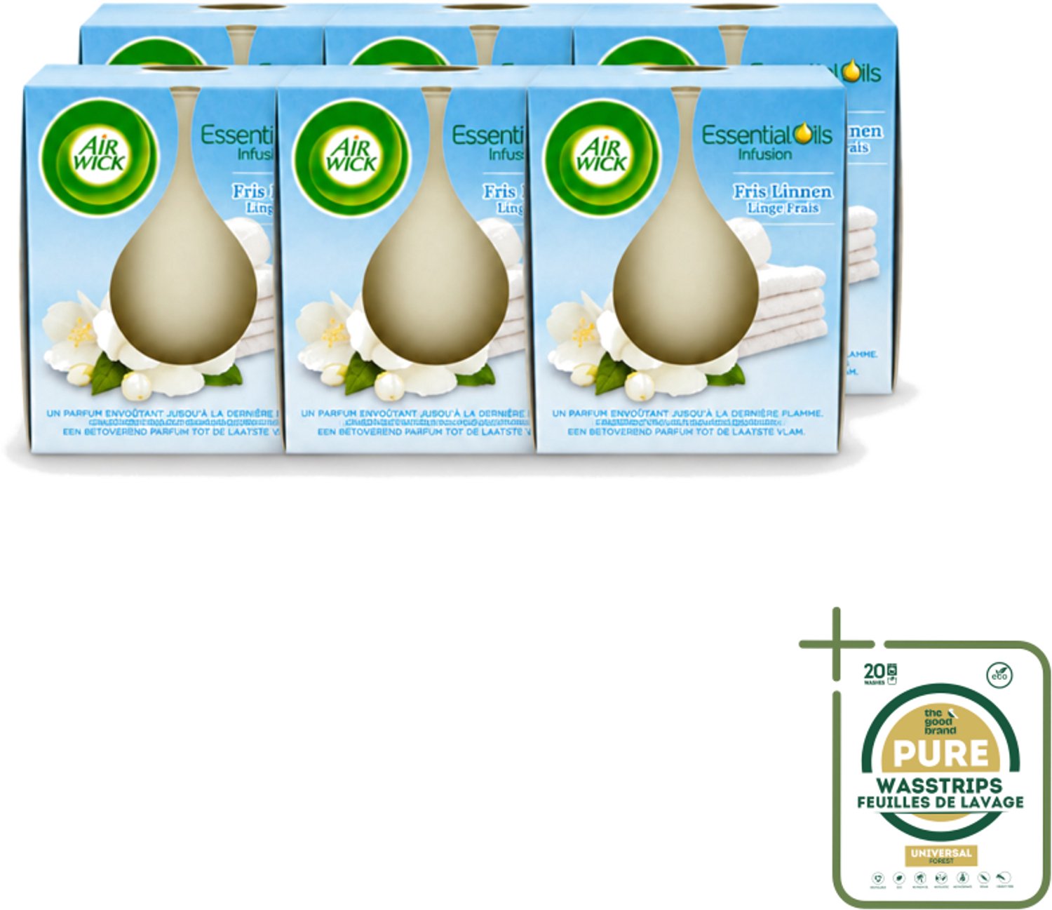 Air Wick 6 x Air Wick – Geurkaars – Fris Linnen met Essentiële Oliën – 105 g - Wasstrips - Geurkaars - Fris Linnen - Essentiële Oliën - Sfeer In Huis - Warme Sfeer Wit