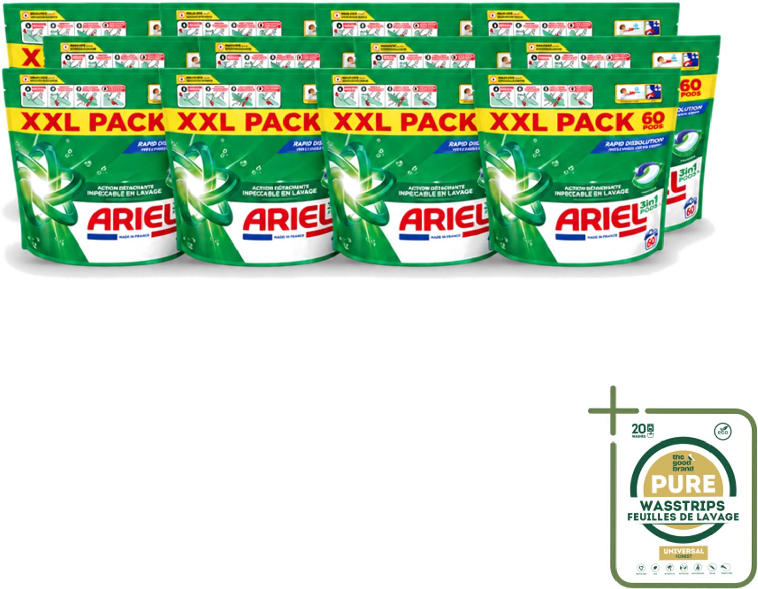 12 x Ariel – Pods 3in1 – Original – 60 wasbeurten - Wasstrips - Ariel 3in1 Pods - Wasmiddel Capsules - Krachtige Vlekverwijdering - Koud Wassen - Wasmiddel Voor Kleding