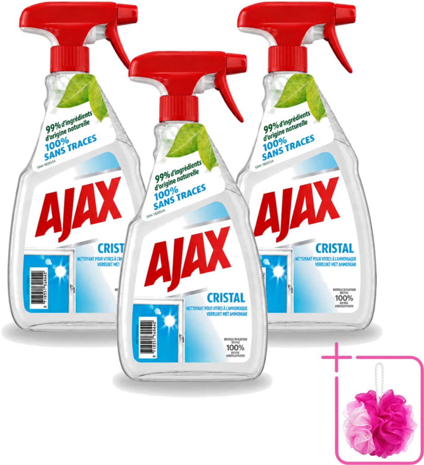 3 x Ajax - Ruitenreiniger - Cristal - Spray Met Ammoniak - 750 ml - Bulkverpakking - Ruitenreiniger - Douchemop - Ammoniak