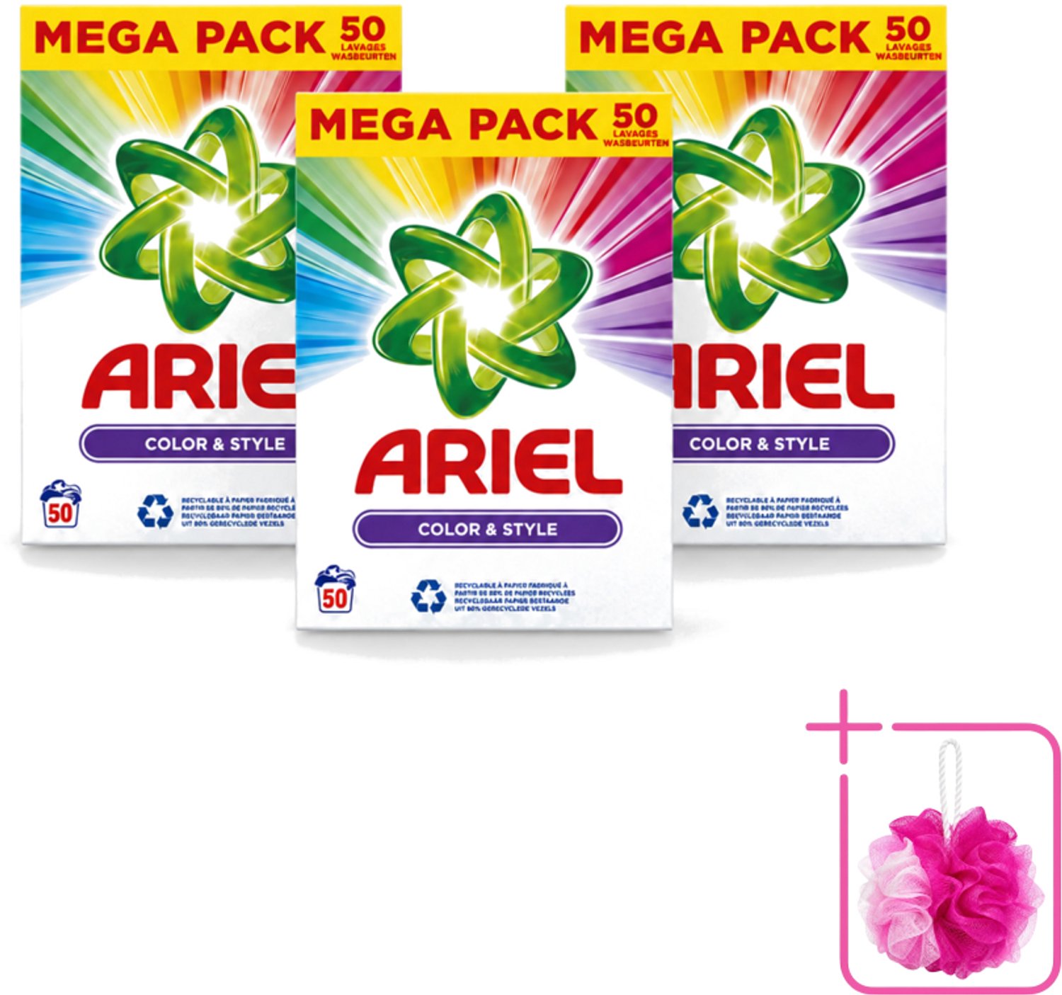 3 x Ariel Color & Style - Waspoeder - Gekleurde Was - 50 Wasbeurten - Bulkverpakking - Kleurverzorging - Douchemop - Waspoeder