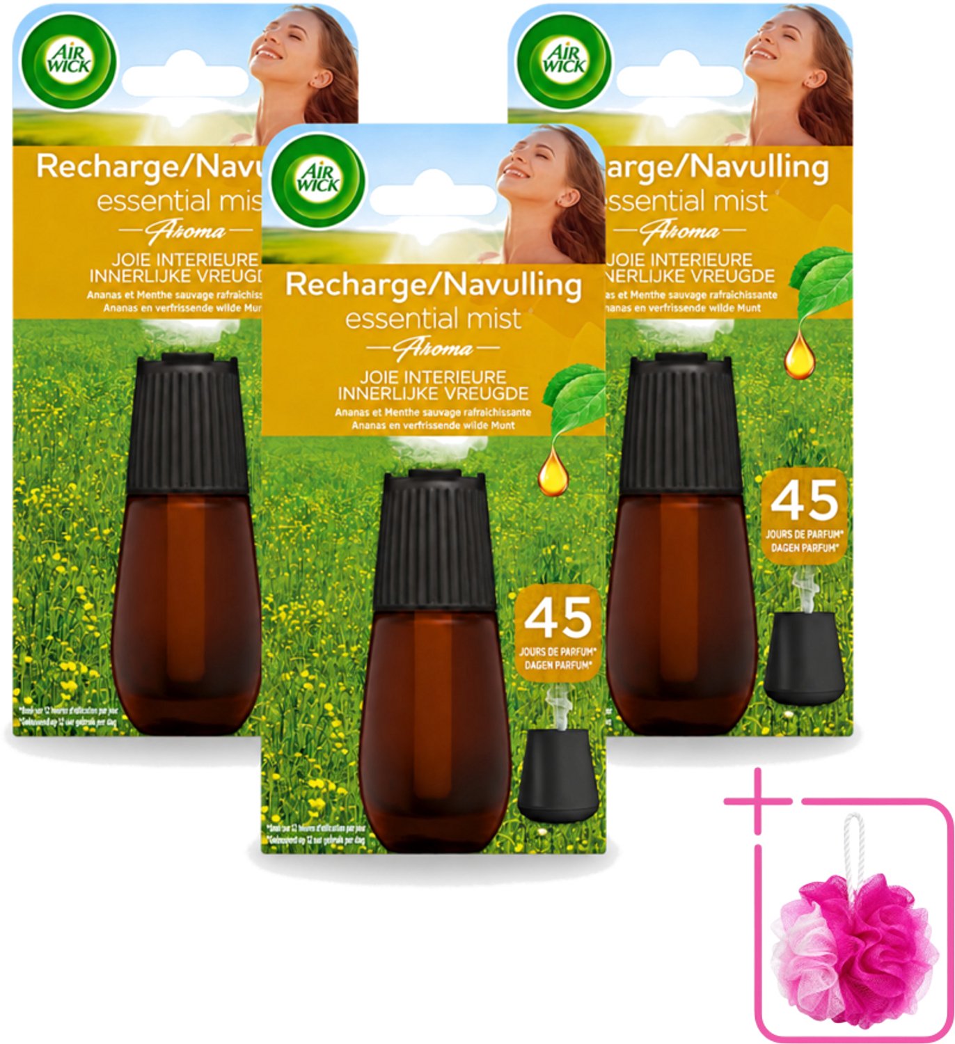 3 x Air Wick Essential Mist - Navulling - Happiness - Ananas & Wilde Munt - 20ml - Bulkverpakking - Navulling - Geurverspreider