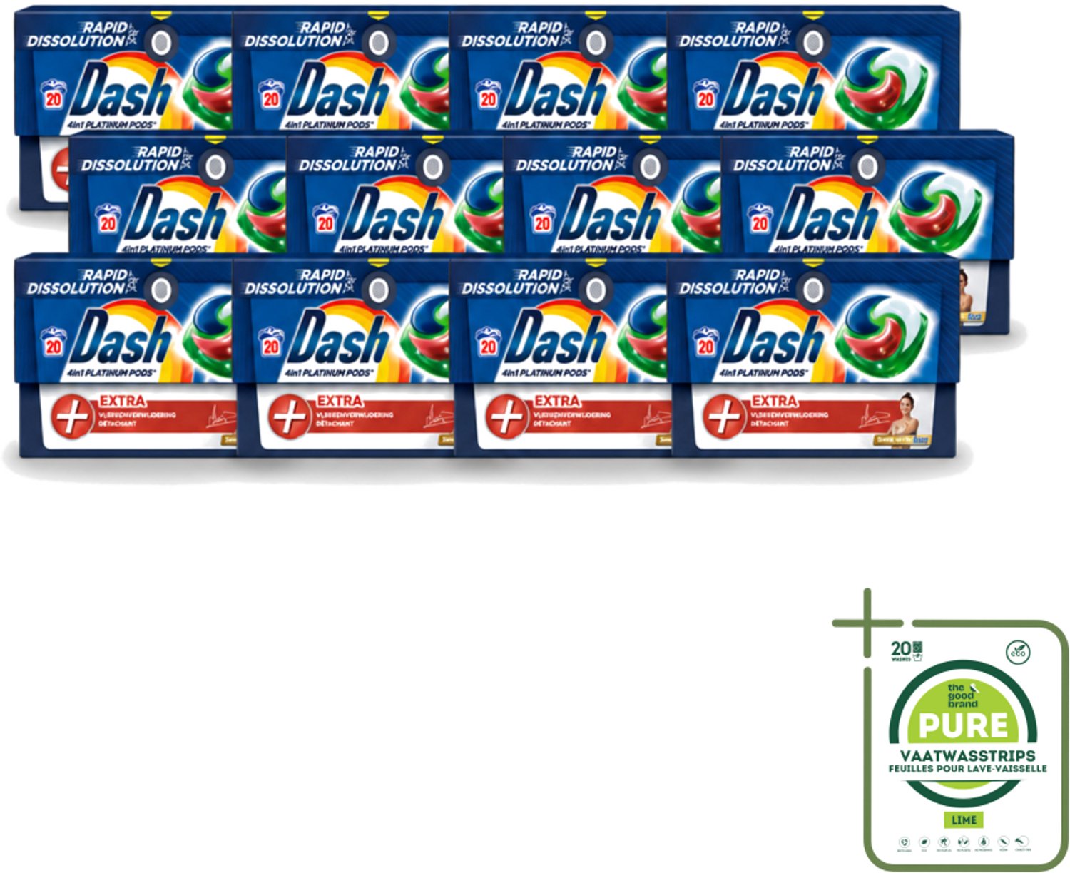 12 x Dash – Wasmiddel Pods 4-in-1 Platinum – Extra Vlekkenverwijdering – 20 Capsules - Grootverpakking - Vaatwasstrips - Wasmiddelcapsules - Krachtige Wasmiddel - Vlekverwijdering - Kleurbehoud - Frisheid