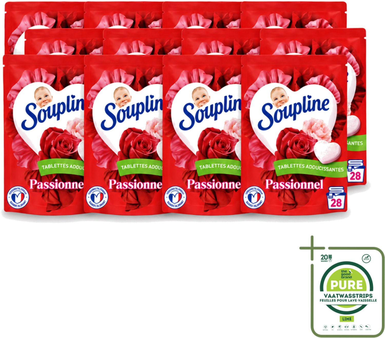 12 x Soupline – Wasverzachtertabletten – Harten Straling van Passiebloemboeket - 28 tabletten - Grootverpakking - Wasverzachter Tablet - Wasverzachter In Tabletvorm - Rozengeur Wasverzachter - Verzachte Wasverzachter - Wasverzachter Voor Kleding
