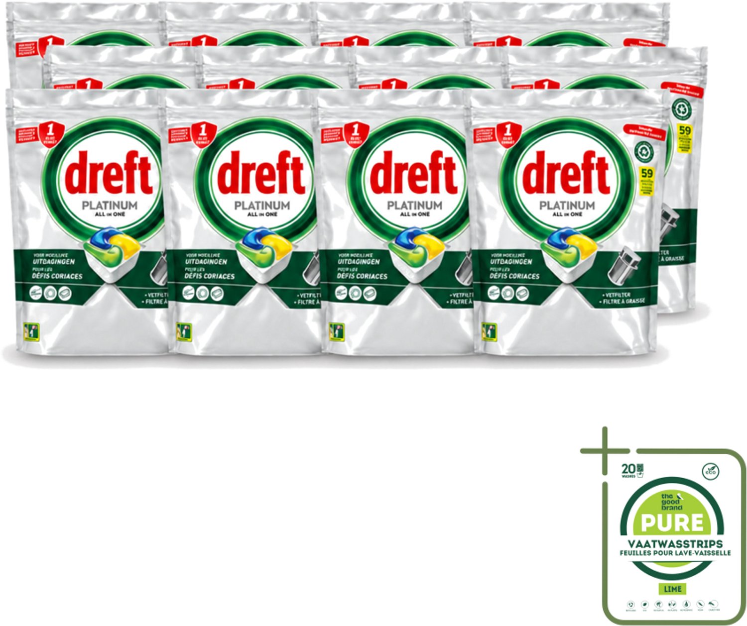 12 x Dreft – Vaatwastabletten – All-in-One Platinum – Lemon – 59 Tabletten - Grootverpakking - Vaatwastabletten - Vaatwasser - Vetverwijderen - Glasbescherming - Citroengeur