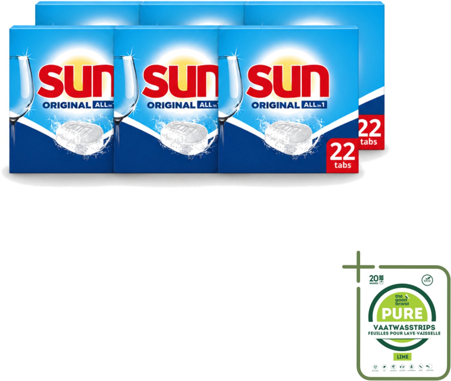 6 x Sun – Vaatwastabletten – All-in-1 Original – 22 tabletten - Grootverpakking - Vaatwasstrips - Vaatwastabletten - Vaatwassen - Reiniging - Glans - Spoelglans