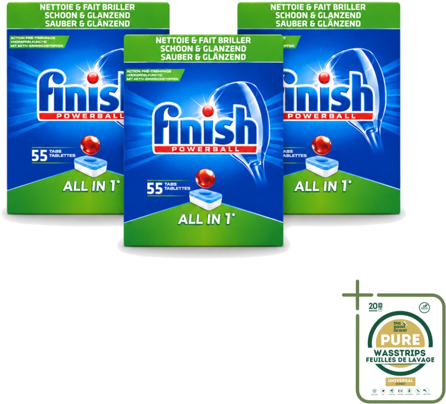 3 x Finish Powerball - All in 1 - Vaatwastabletten - Schoon & Glans - 55 Tabletten - Wasstrips - Vaatwasmiddel - Vaatwastablet - Vaat Reinigen - Glans Behouden - Vaat Reinigen Zonder Voor Spoelen