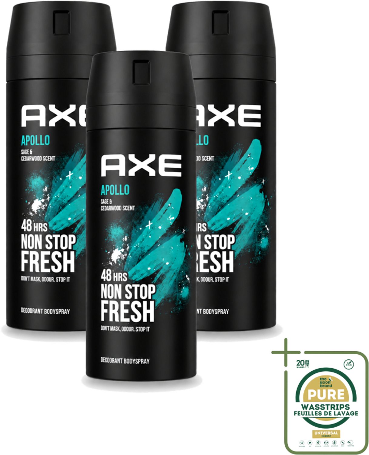 3 x Axe - Deodorant Bodyspray - 48hrs Fresh - Apollo - Sage & Cedarwoord - 150 ml - Wasstrips - 48 Uur Bescherming - Deodorant Sprayer - Geur Van Groen Fruit - Sandelhout - Verse Salie