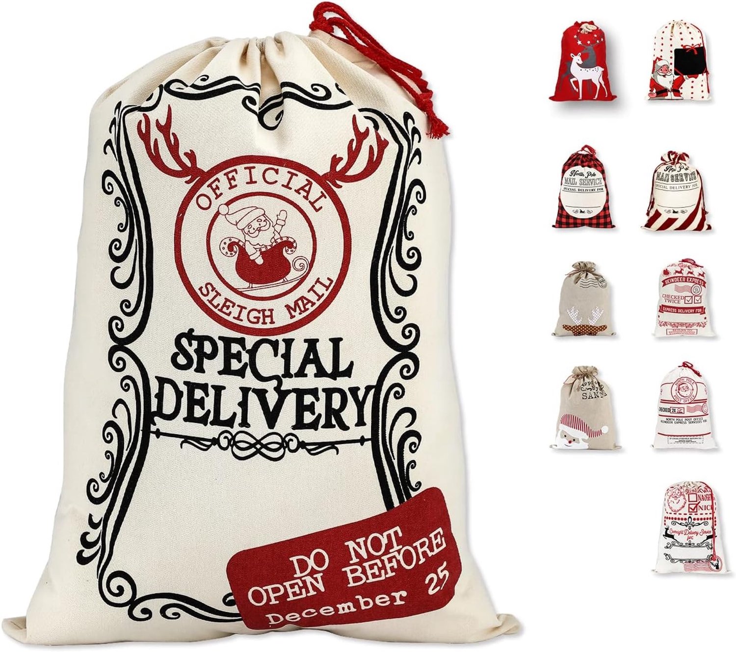 Kersttas - Rood - 64 x 46 cm - Grote Canvas Tas met Trekkoord - Voor Cadeaus en Feestdecoratie