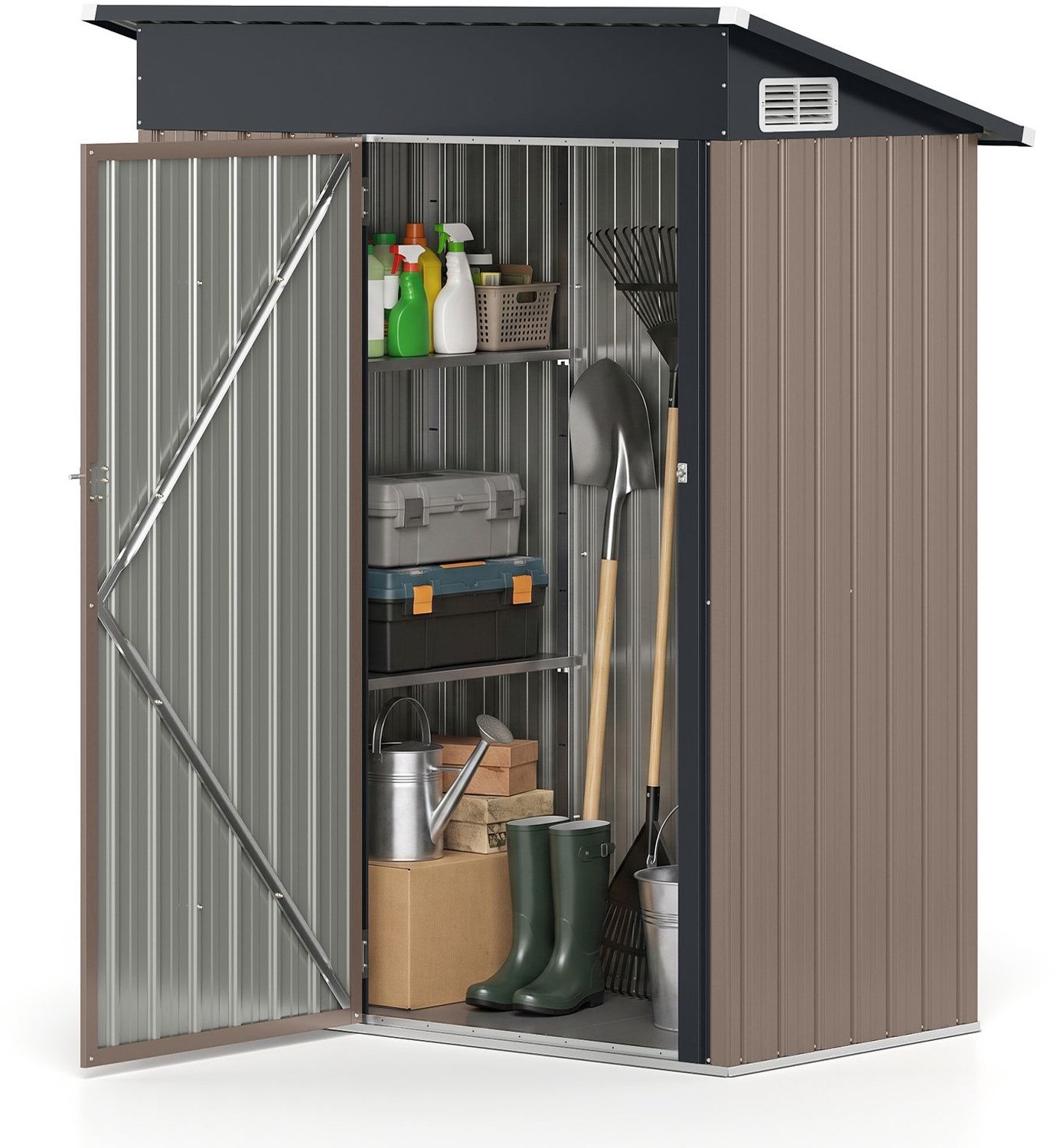 SureDeal® - Opbergkast - Apparatuurtje Tuinhuisje Verzinkt - Verstelbare Planken Metaal - Zadeldak Ventilatieopeningen - 150x89,5x186 cm - Grijs