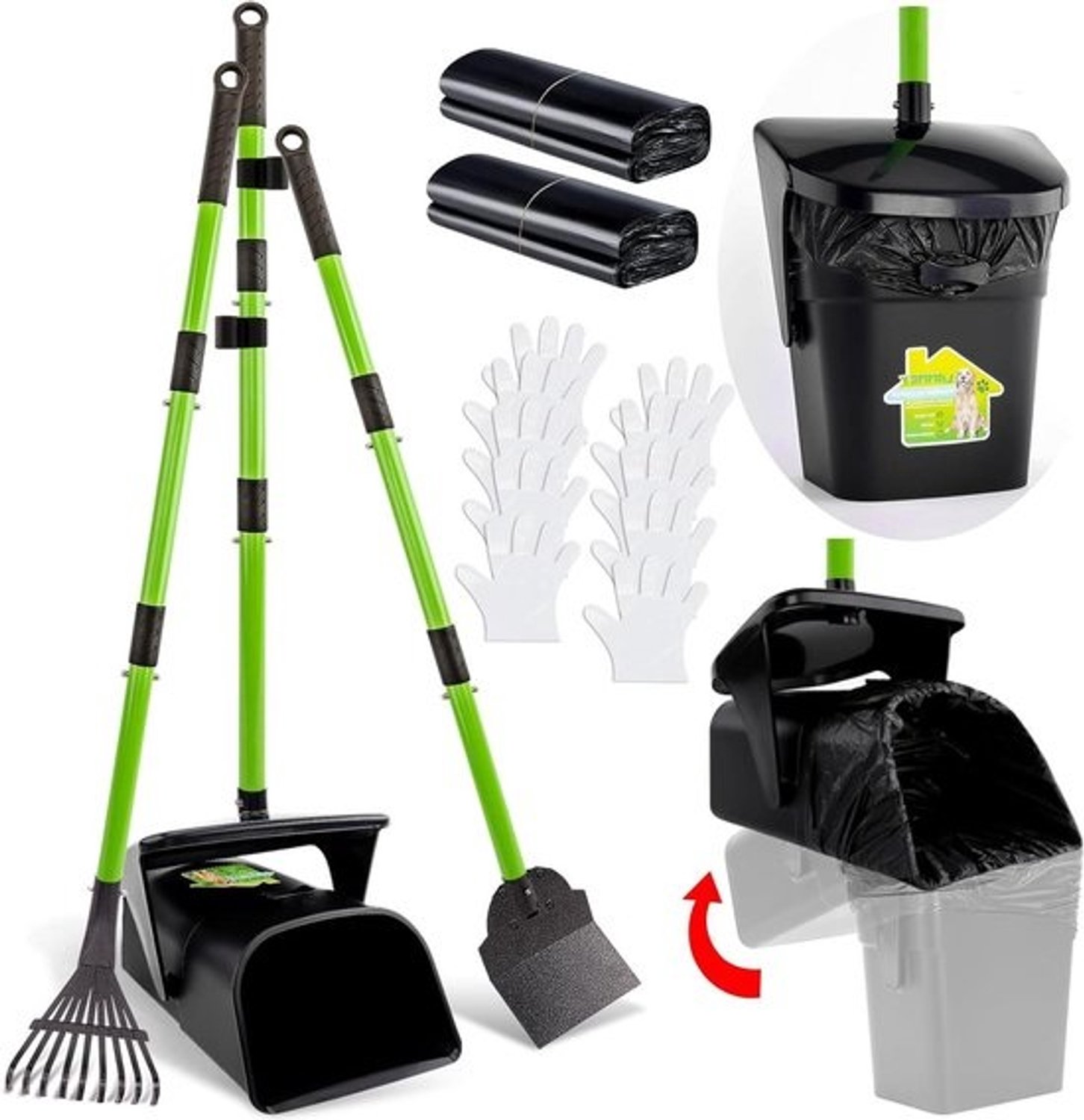 LANNEY Pooper Scooper - 96,5 cm lange verstelbare metalen handgreep hond poepschep scooter draaibare bak & hark & spde met 50 zakken bevestiging, draagbare zware hond poep scooter voor tuin honden