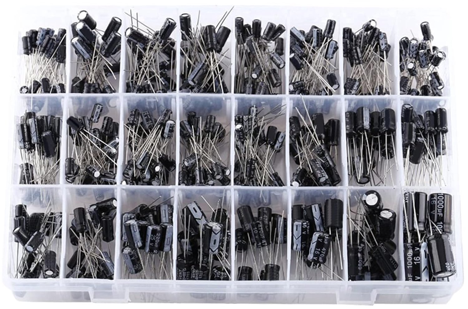 Aluminium elektrolytische condensatorassortiment 500 stuks - 24 waarden 0,1 UF tot 1000 UF - praktische opbergdoos - ShopVlot