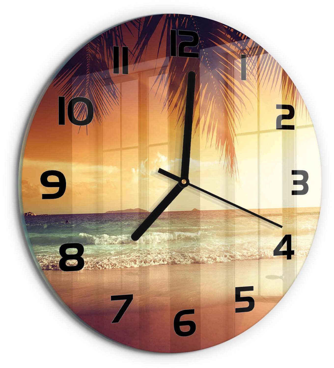 TULUP Wandklok - Tropisch strand Klok Glas Met Opdruk - fi30 cm - Oranje Moderne Wandklok Glas - Zwarte handen - Ronde Klok - Decoratieve Glazen Klok - Glazen Wandklok Design