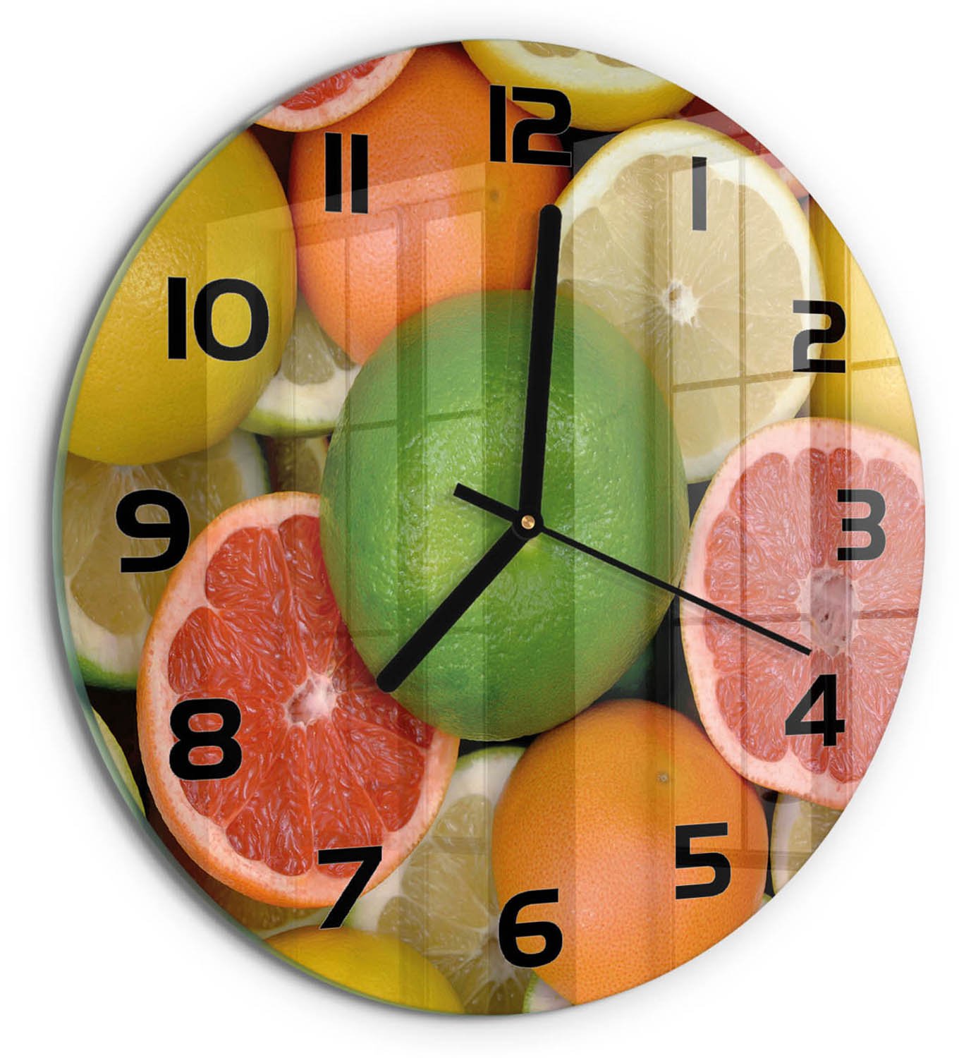 TULUP Wandklok - Citrusvruchten Wandklok Glas Met Motief - fi30 cm - Veelkleurig Decoratieve Glazen Klok - Zwarte handen - Ronde Klok - Gekleurde Glazen Klok - Glazen Klok Met Print