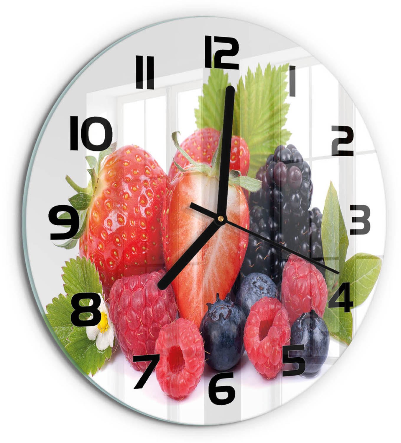 TULUP Wandklok - Bosvruchten Decoratieve Glazen Klok - fi30 cm - Veelkleurig Glazen Wandklok Design - Zwarte handen - Ronde Klok - Glazen Klok Met Print - Wandklok Glas Met Motief
