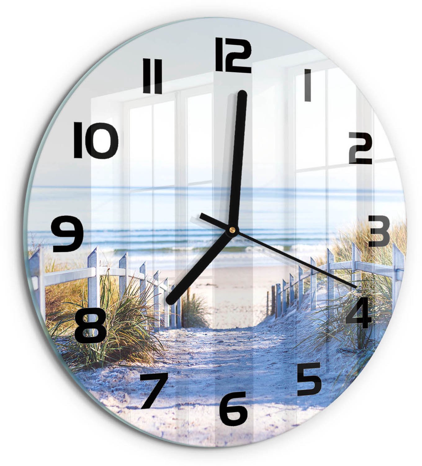 TULUP Wandklok - Kustduinen Klok Glas Met Opdruk - fi30 cm - Beige Moderne Wandklok Glas - Zwarte handen - Ronde Klok - Decoratieve Glazen Klok - Glazen Wandklok Design