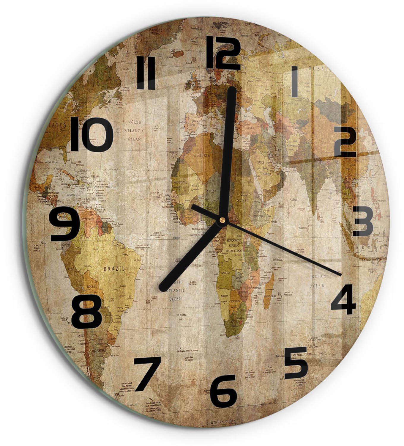 TULUP Wandklok - Politieke kaart Wandklok Glas Met Motief - fi30 cm - Bruin Decoratieve Glazen Klok - Zwarte handen - Ronde Klok - Gekleurde Glazen Klok - Glazen Klok Met Print