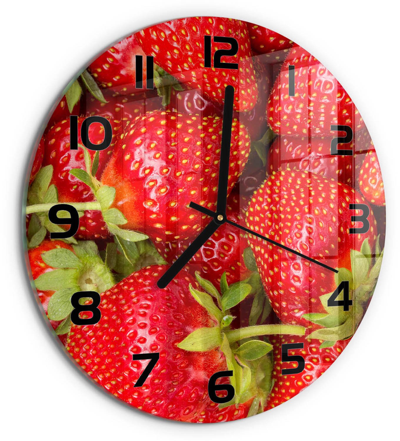 TULUP Wandklok - Aardbeien Wandklok Glas Met Motief - fi30 cm - Rood Decoratieve Glazen Klok - Zwarte handen - Ronde Klok - Gekleurde Glazen Klok - Glazen Klok Met Print