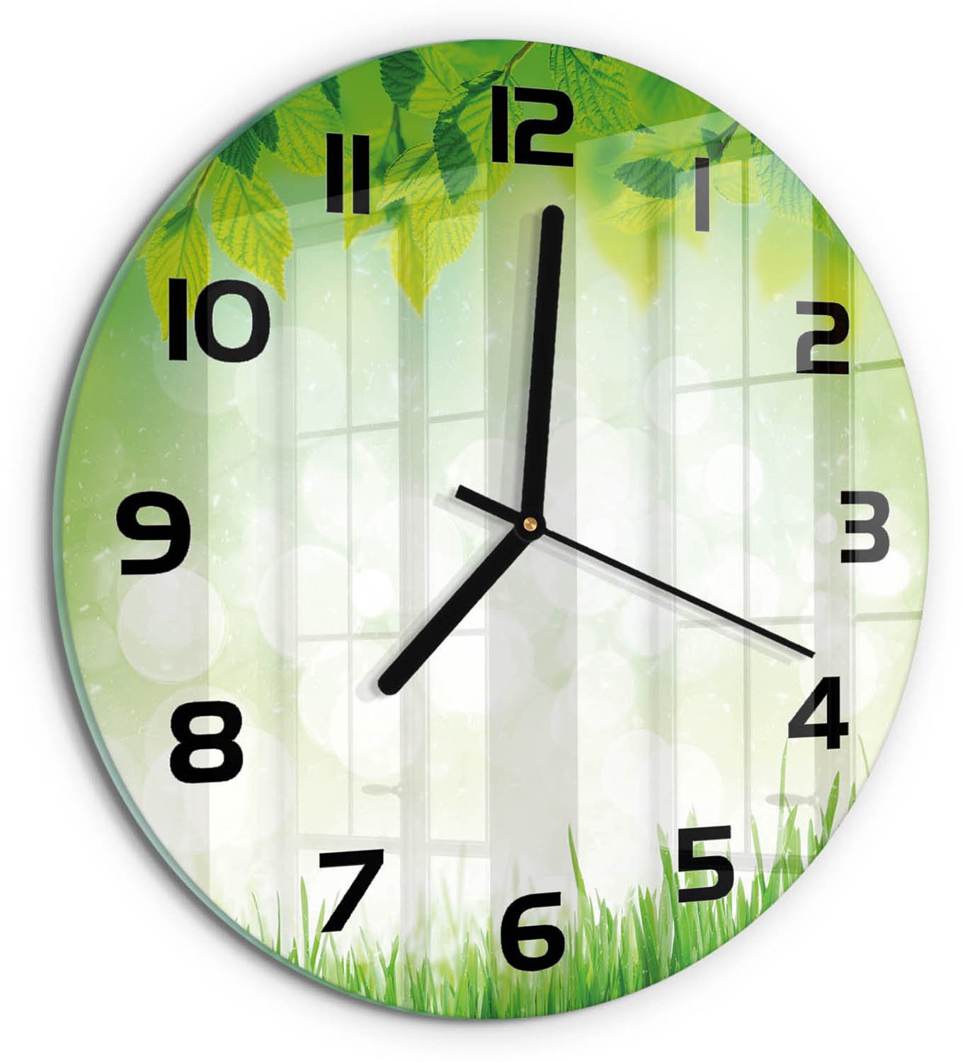 TULUP Wandklok - Bladeren en gras Decoratieve Glazen Klok - fi30 cm - Groente Glazen Wandklok Design - Zwarte handen - Ronde Klok - Glazen Klok Met Print - Wandklok Glas Met Motief