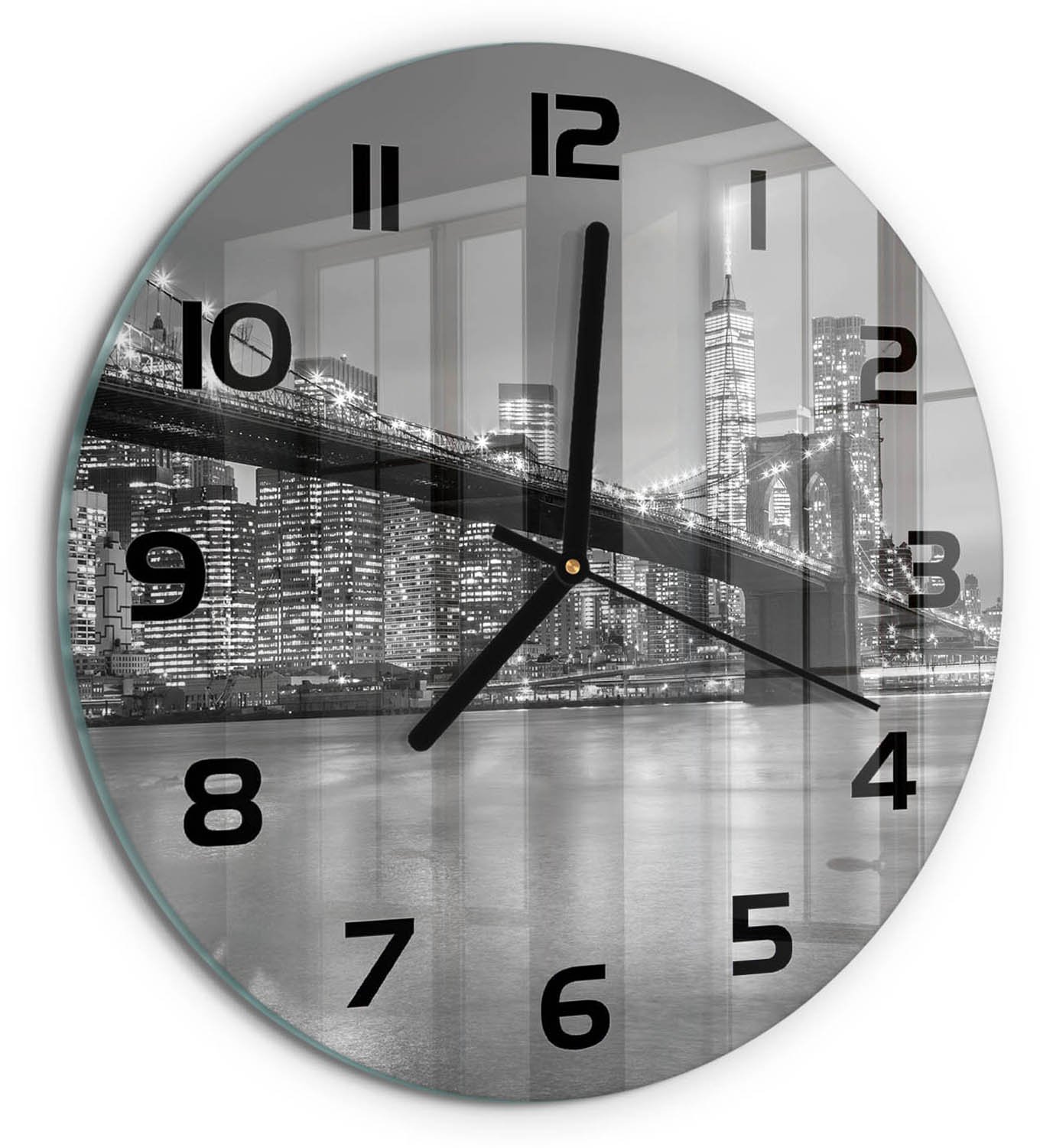 TULUP Wandklok - New York 's nachts Glazen Wandklok Design - fi30 cm - Zwart-wit Klok Glas Met Opdruk - Zwarte handen - Ronde Klok - Wandklok Glas Met Motief - Decoratieve Glazen Klok