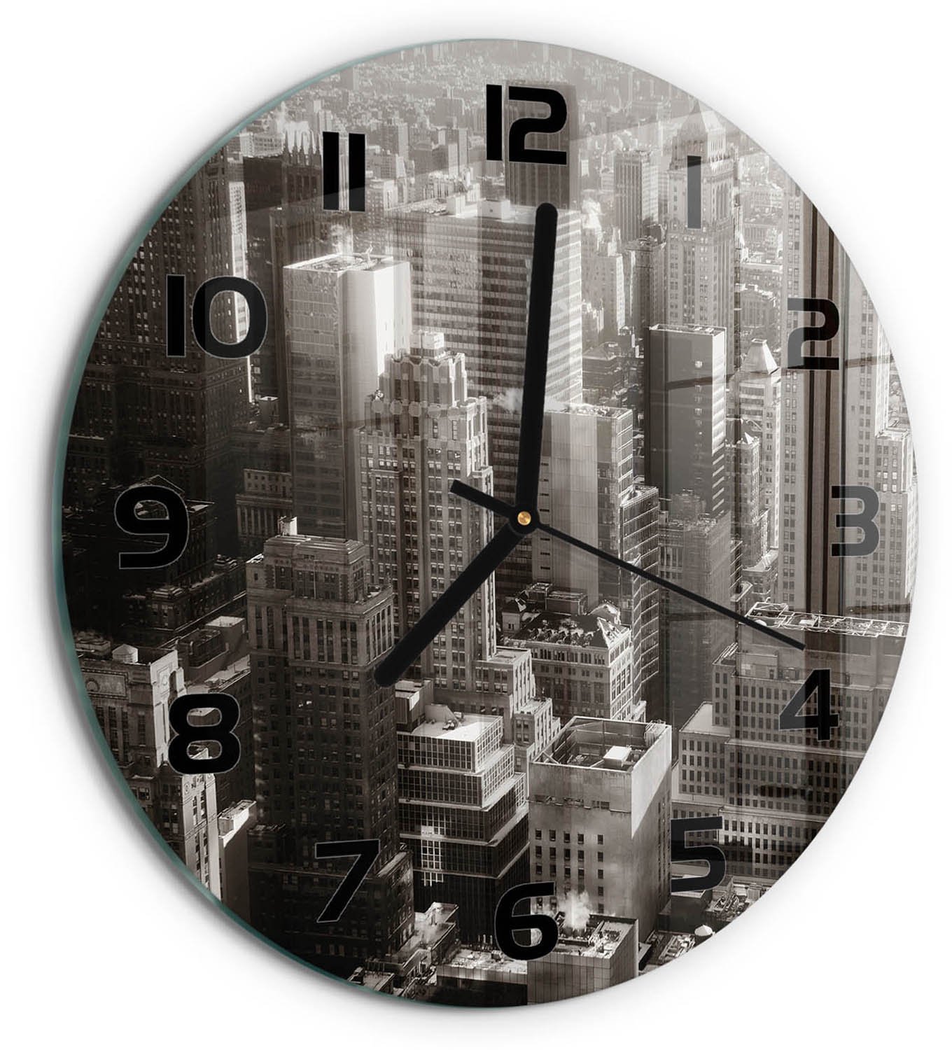 TULUP Wandklok - New York Decoratieve Glazen Klok - fi30 cm - Zwart-wit Glazen Wandklok Design - Zwarte handen - Ronde Klok - Glazen Klok Met Print - Wandklok Glas Met Motief