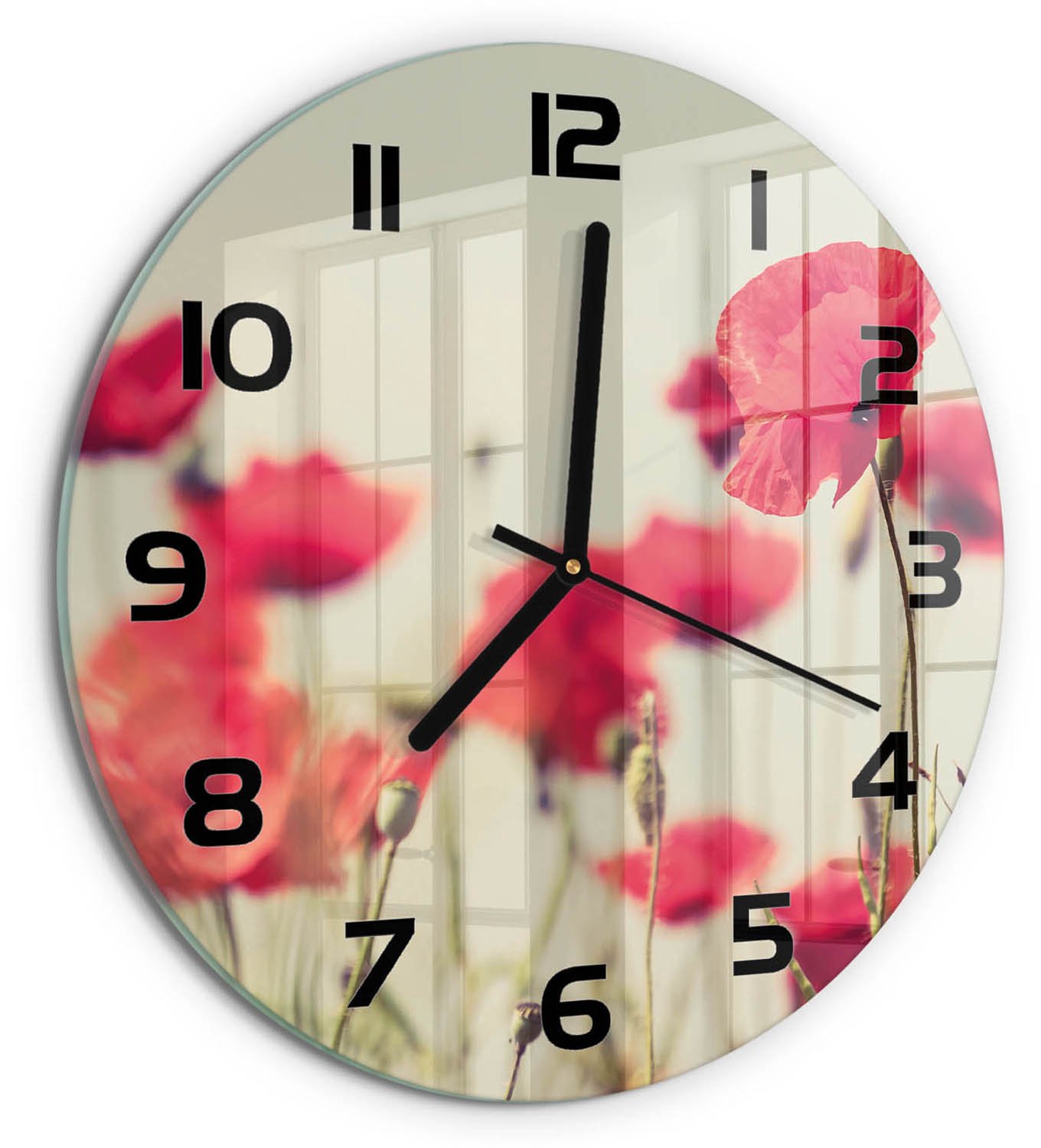 TULUP Wandklok - Veldklaproos Gekleurde Glazen Klok - fi30 cm - Rood Glazen Klok Met Print - Zwarte handen - Ronde Klok - Moderne Wandklok Glas - Wandklok Glas Decoratie