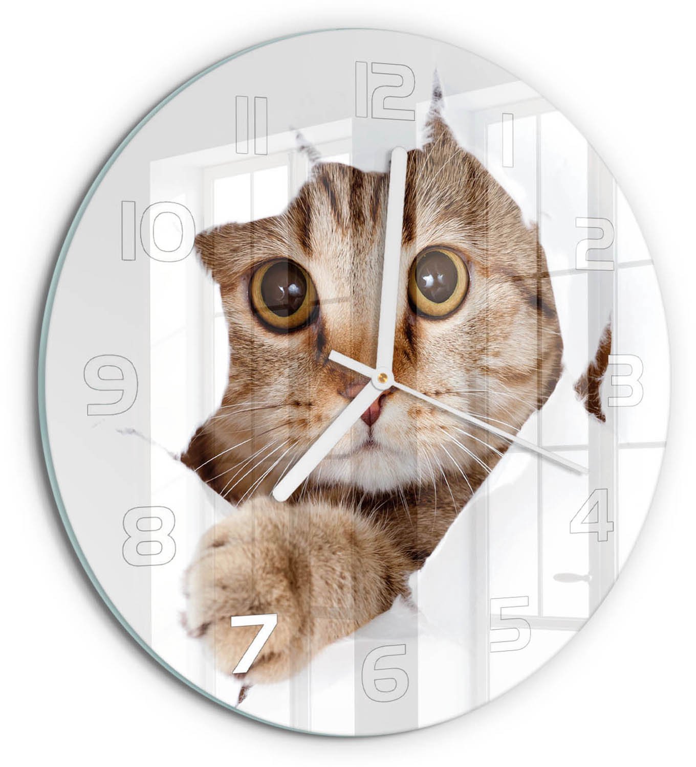 TULUP Wandklok - Kat Wandklok Glas Decoratie - fi30 cm - Beige Gekleurde Glazen Klok - Witte handen - Ronde Klok - Klok Glas Met Opdruk - Moderne Wandklok Glas