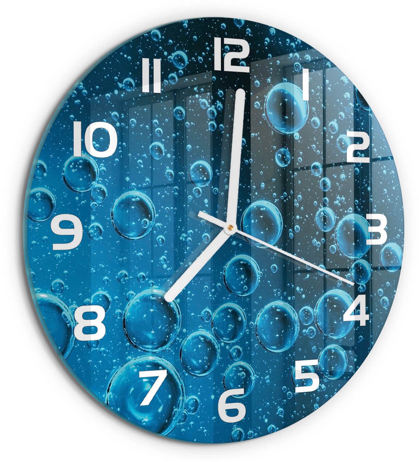 TULUP Wandklok - Onderwaterbellen Moderne Wandklok Glas - fi30 cm - Blauw Wandklok Glas Decoratie - Witte handen - Ronde Klok - Glazen Wandklok Design - Klok Glas Met Opdruk