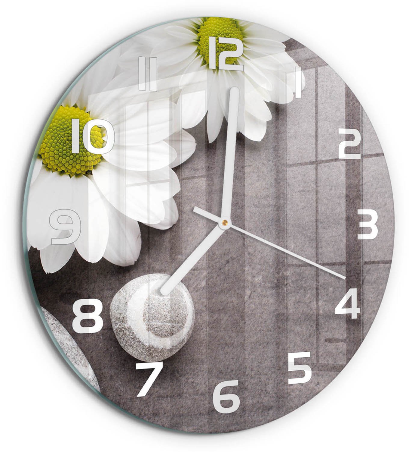TULUP Wandklok - Gerbera bloem Moderne Wandklok Glas - fi30 cm - Wit Wandklok Glas Decoratie - Witte handen - Ronde Klok - Glazen Wandklok Design - Klok Glas Met Opdruk