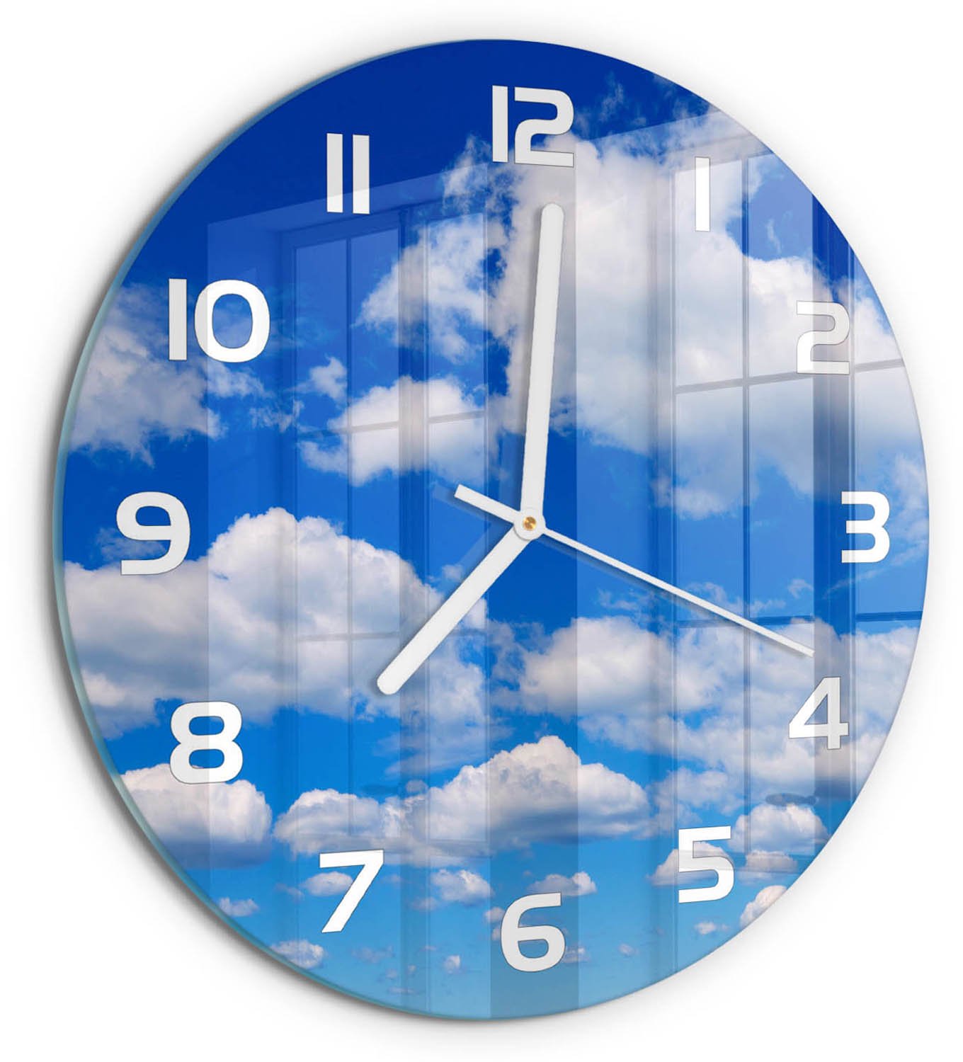 TULUP Wandklok - Wolken aan de hemel Wandklok Glas Decoratie - fi30 cm - Blauw Gekleurde Glazen Klok - Witte handen - Ronde Klok - Klok Glas Met Opdruk - Moderne Wandklok Glas
