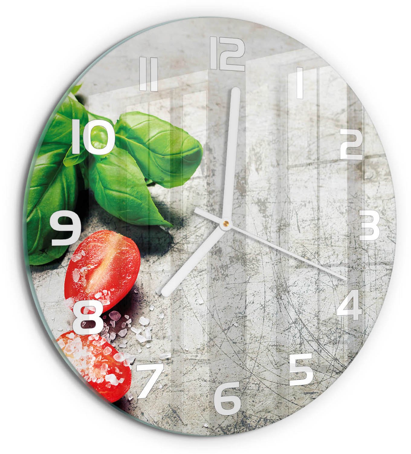 TULUP Wandklok - Tomaten en basilicum Klok Glas Met Opdruk - fi30 cm - Rood Moderne Wandklok Glas - Witte handen - Ronde Klok - Decoratieve Glazen Klok - Glazen Wandklok Design