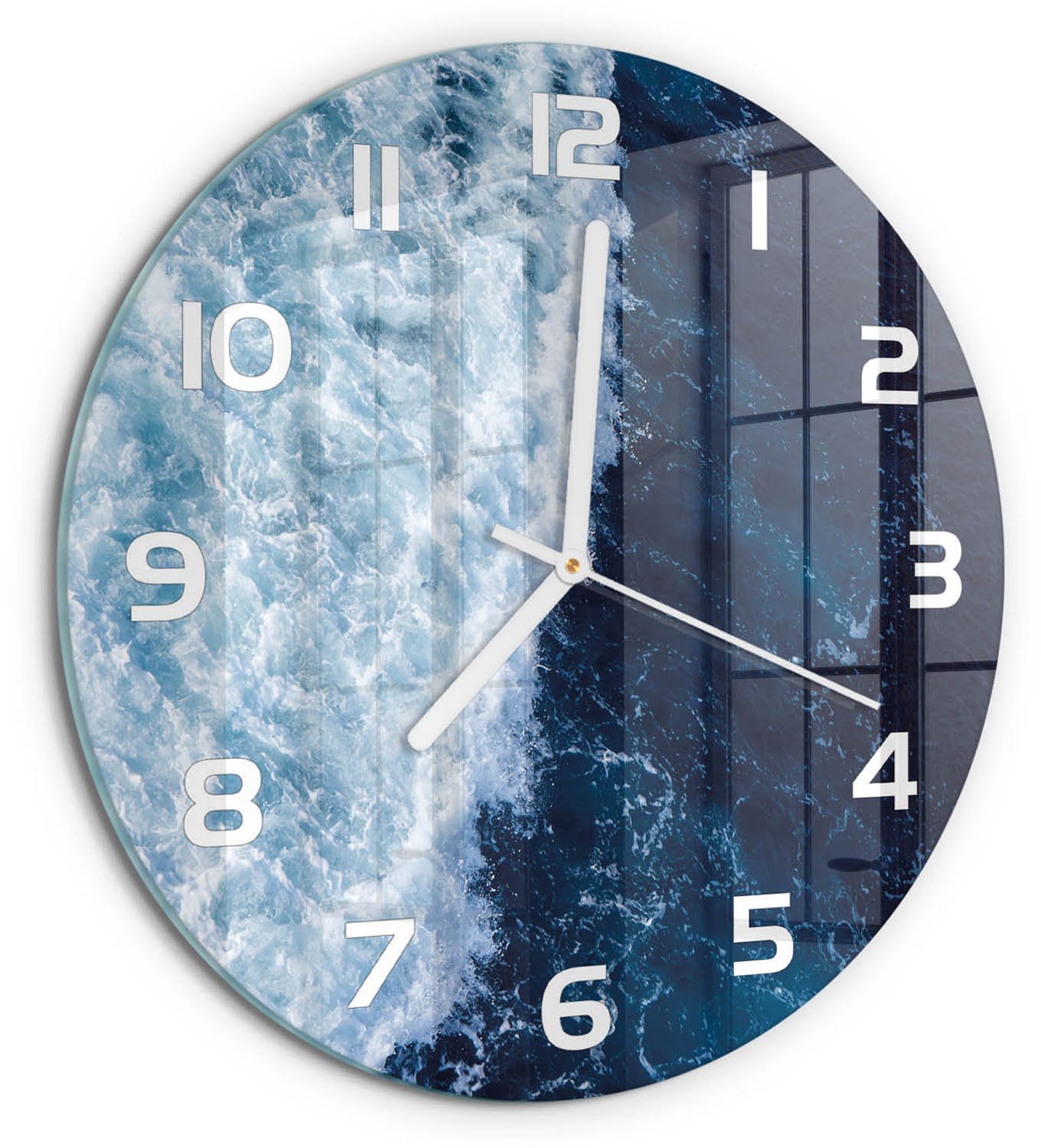 TULUP Wandklok - Oceaangolven Wandklok Glas Met Motief - fi30 cm - Blauw Decoratieve Glazen Klok - Witte handen - Ronde Klok - Gekleurde Glazen Klok - Glazen Klok Met Print