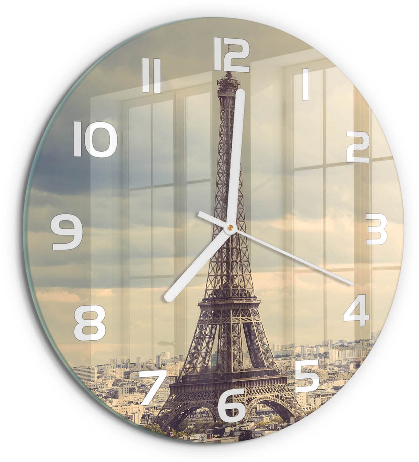 TULUP Wandklok - Eiffeltoren Parijs Moderne Wandklok Glas - fi30 cm - Beige Wandklok Glas Decoratie - Witte handen - Ronde Klok - Glazen Wandklok Design - Klok Glas Met Opdruk