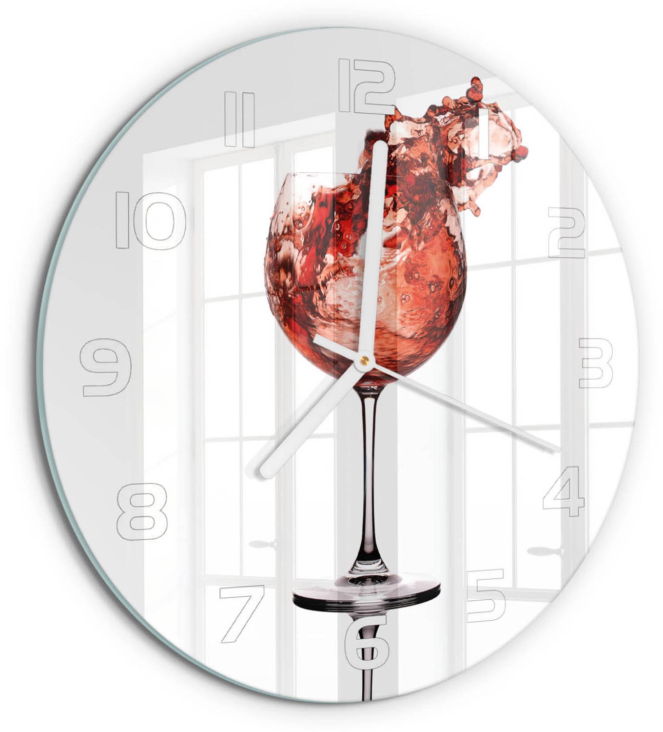 TULUP Wandklok - Een glas wijn Wandklok Glas Decoratie - fi30 cm - Rood Gekleurde Glazen Klok - Witte handen - Ronde Klok - Klok Glas Met Opdruk - Moderne Wandklok Glas