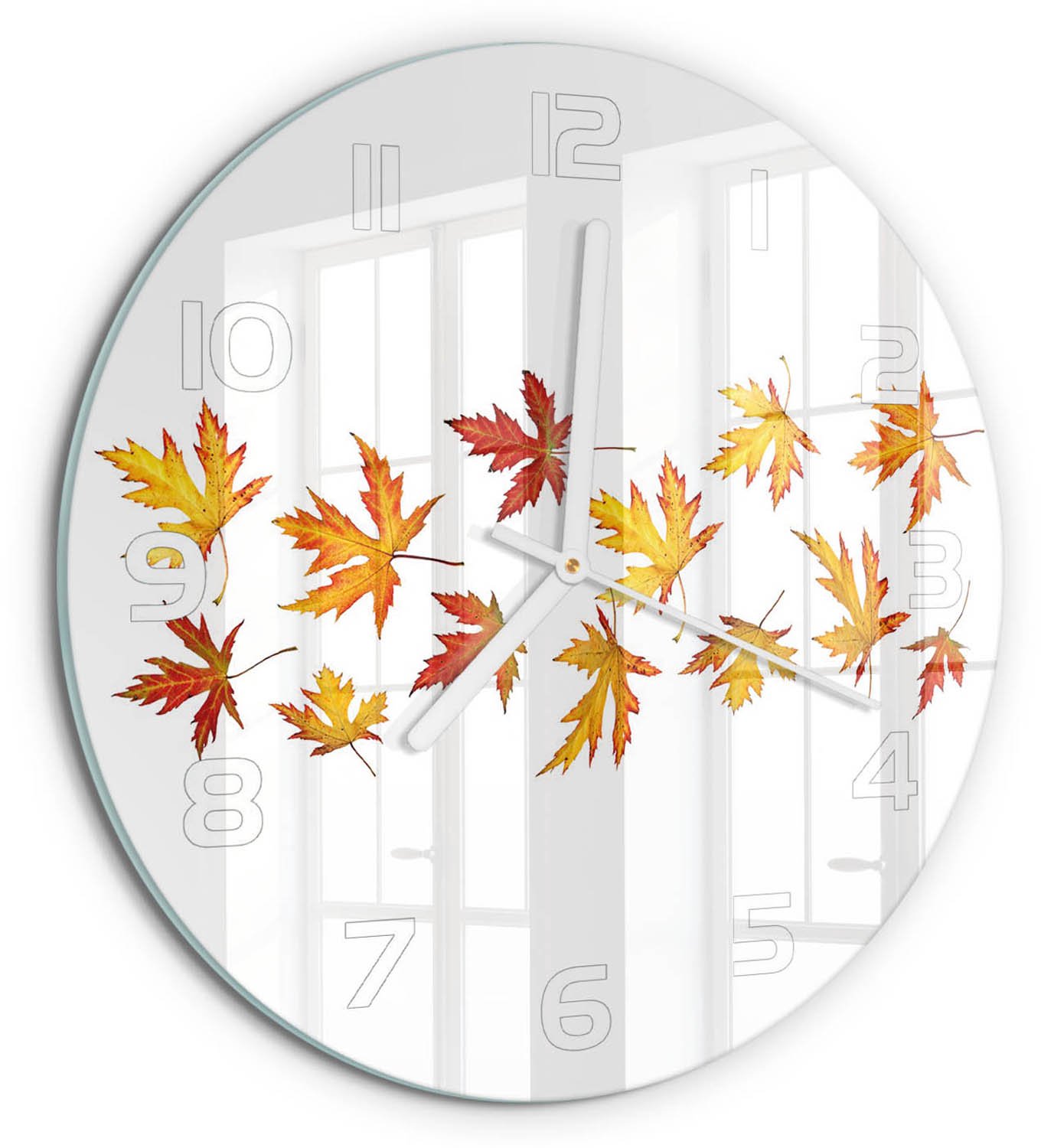 TULUP Wandklok - Herfstbladeren Wandklok Glas Decoratie - fi30 cm - Geel Gekleurde Glazen Klok - Witte handen - Ronde Klok - Klok Glas Met Opdruk - Moderne Wandklok Glas