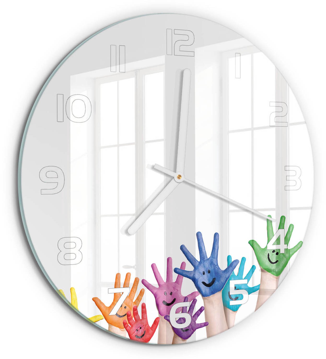 TULUP Wandklok - Geschilderde handen Wandklok Glas Met Motief - fi30 cm - Veelkleurig Decoratieve Glazen Klok - Witte handen - Ronde Klok - Gekleurde Glazen Klok - Glazen Klok Met Print