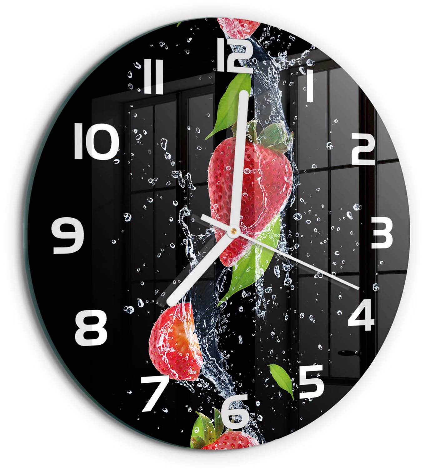 TULUP Wandklok - Aardbeien en water Moderne Wandklok Glas - fi30 cm - Rood Wandklok Glas Decoratie - Witte handen - Ronde Klok - Glazen Wandklok Design - Klok Glas Met Opdruk