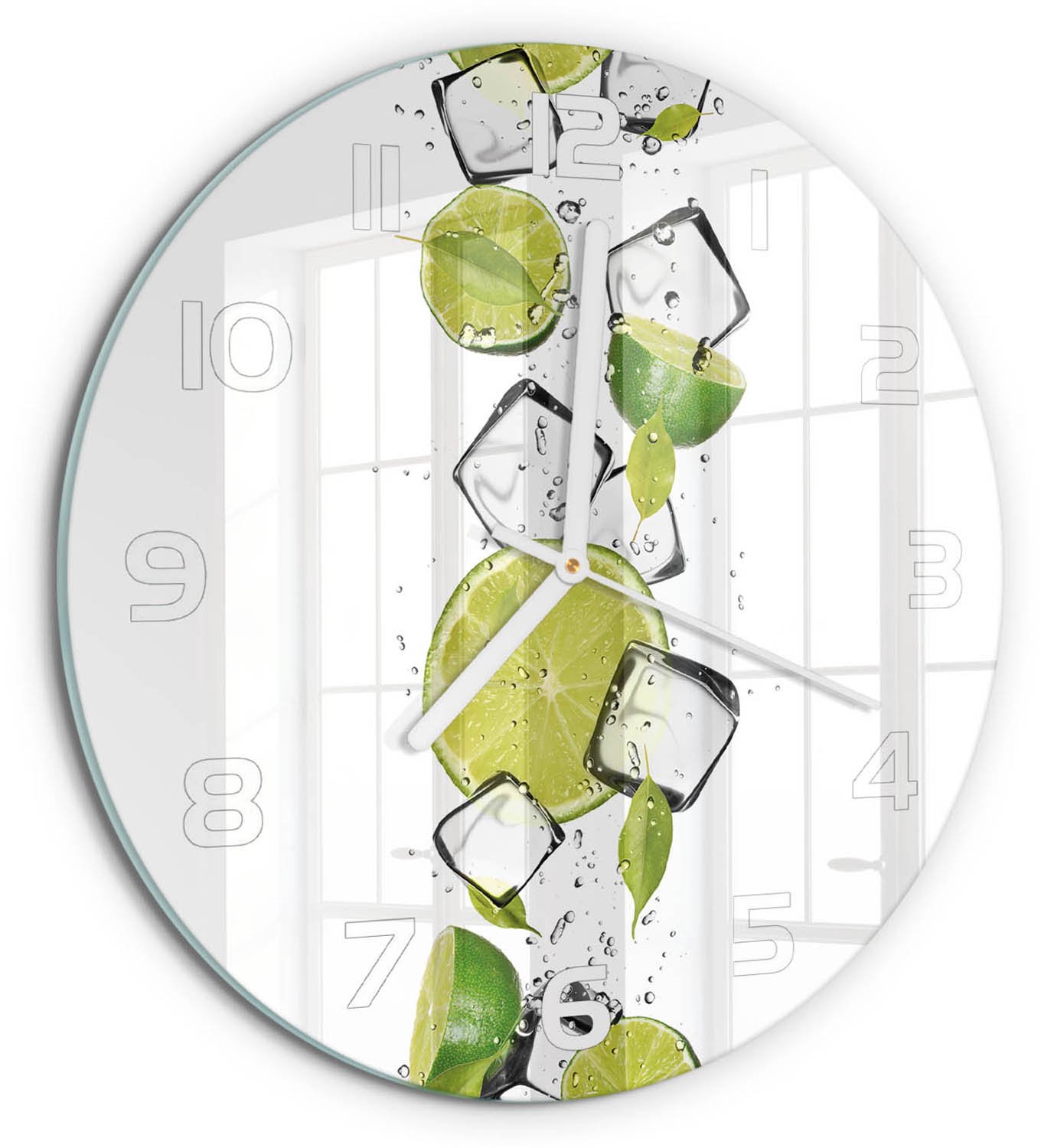TULUP Wandklok - Limoen met ijs Decoratieve Glazen Klok - fi30 cm - Groente Glazen Wandklok Design - Witte handen - Ronde Klok - Glazen Klok Met Print - Wandklok Glas Met Motief
