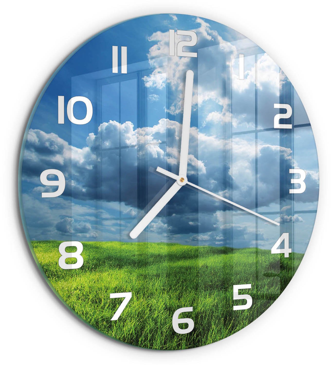 TULUP Wandklok - Wolken boven het veld Glazen Wandklok Design - fi30 cm - Groente Klok Glas Met Opdruk - Witte handen - Ronde Klok - Wandklok Glas Met Motief - Decoratieve Glazen Klok