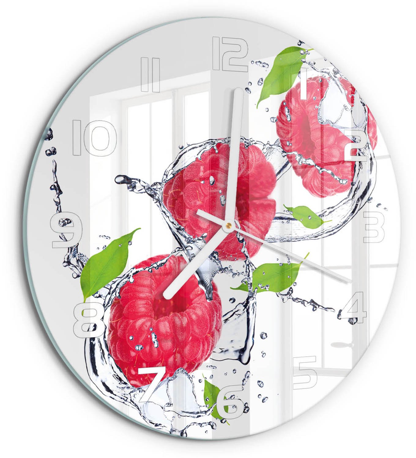 TULUP Wandklok - Framboos en water Moderne Wandklok Glas - fi30 cm - Roze Wandklok Glas Decoratie - Witte handen - Ronde Klok - Glazen Wandklok Design - Klok Glas Met Opdruk