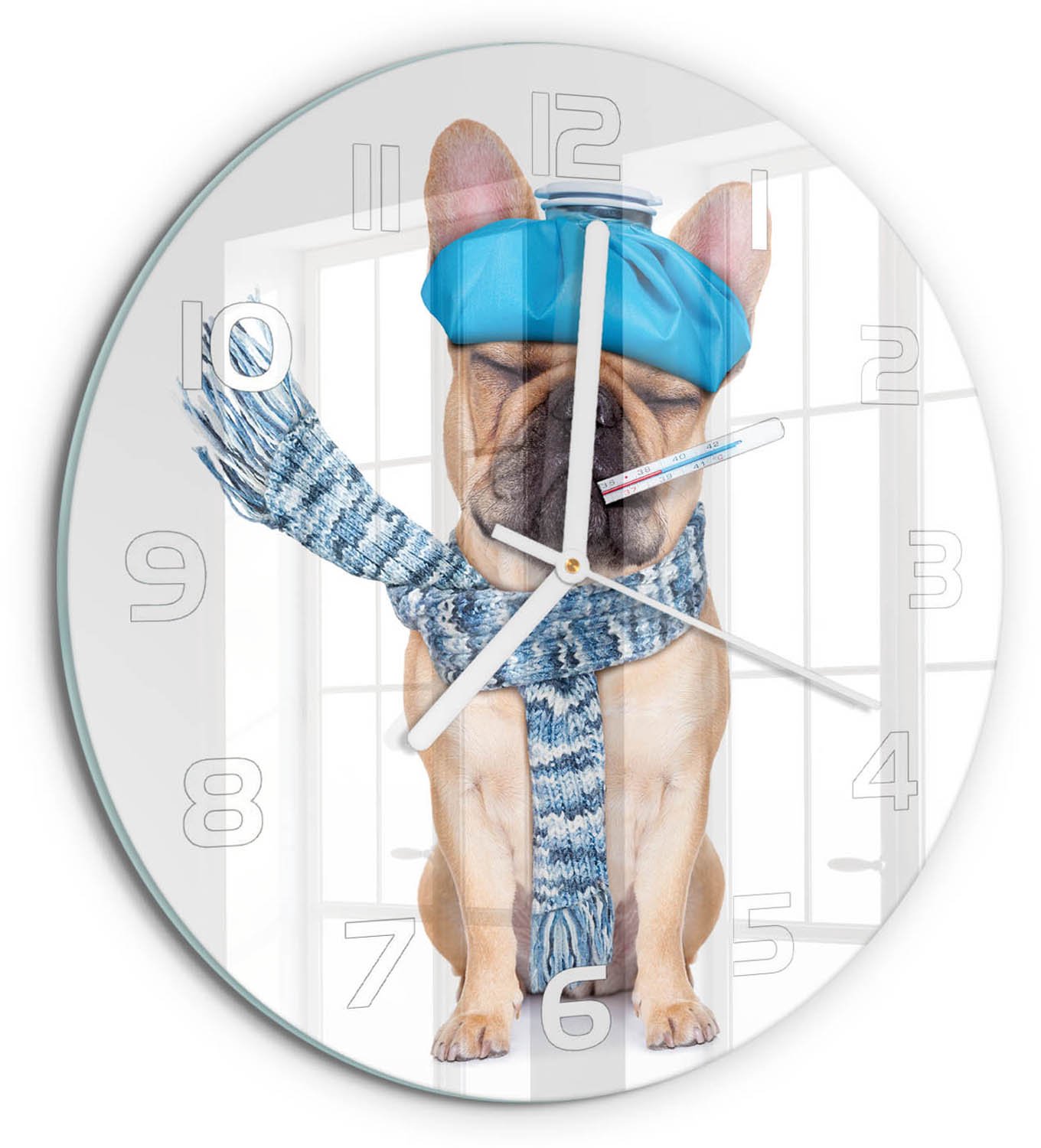 TULUP Wandklok - Zieke hond Wandklok Glas Met Motief - fi30 cm - Blauw Decoratieve Glazen Klok - Witte handen - Ronde Klok - Gekleurde Glazen Klok - Glazen Klok Met Print