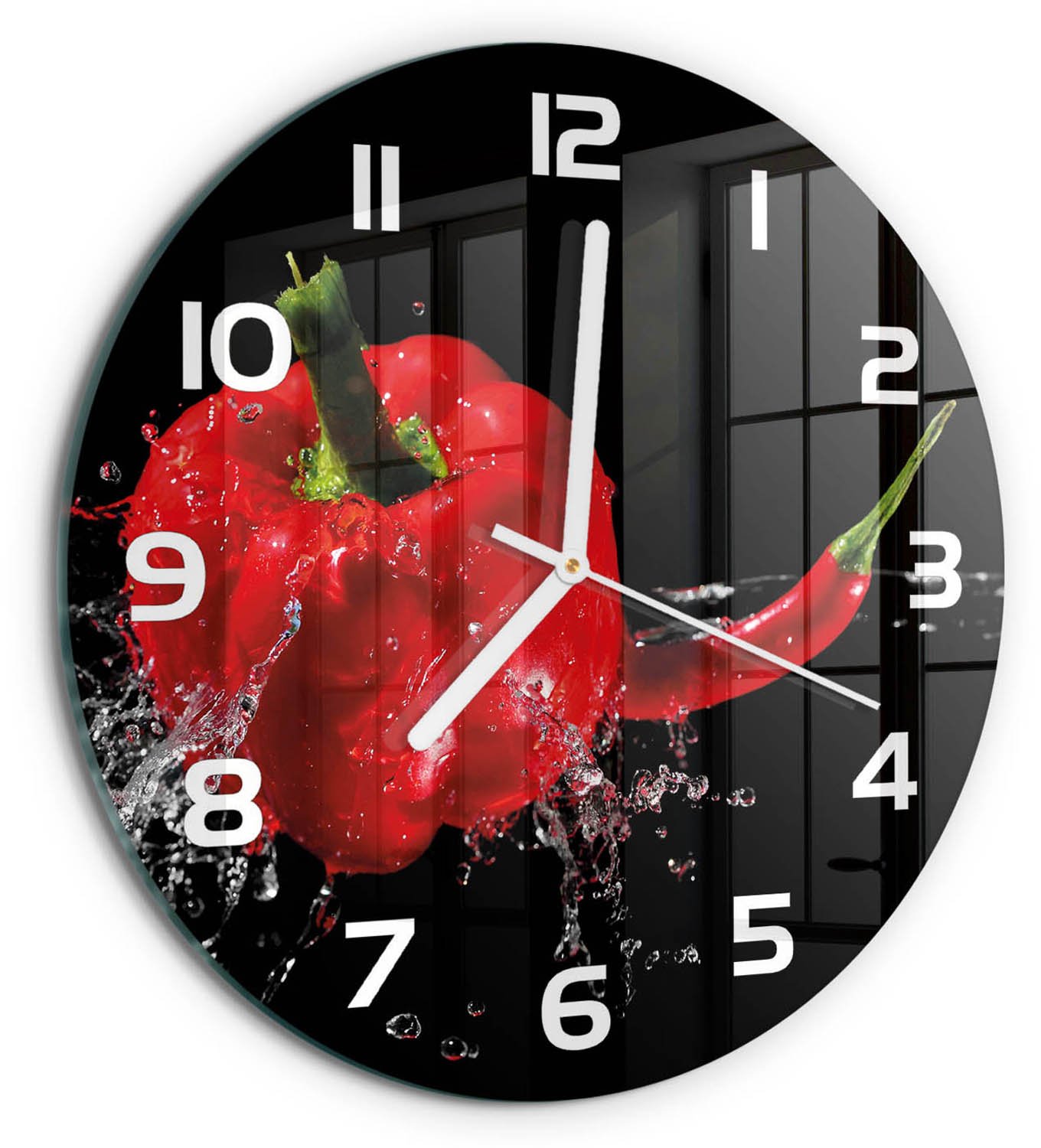TULUP Wandklok - Rode peper Klok Glas Met Opdruk - fi30 cm - Rood Moderne Wandklok Glas - Witte handen - Ronde Klok - Decoratieve Glazen Klok - Glazen Wandklok Design
