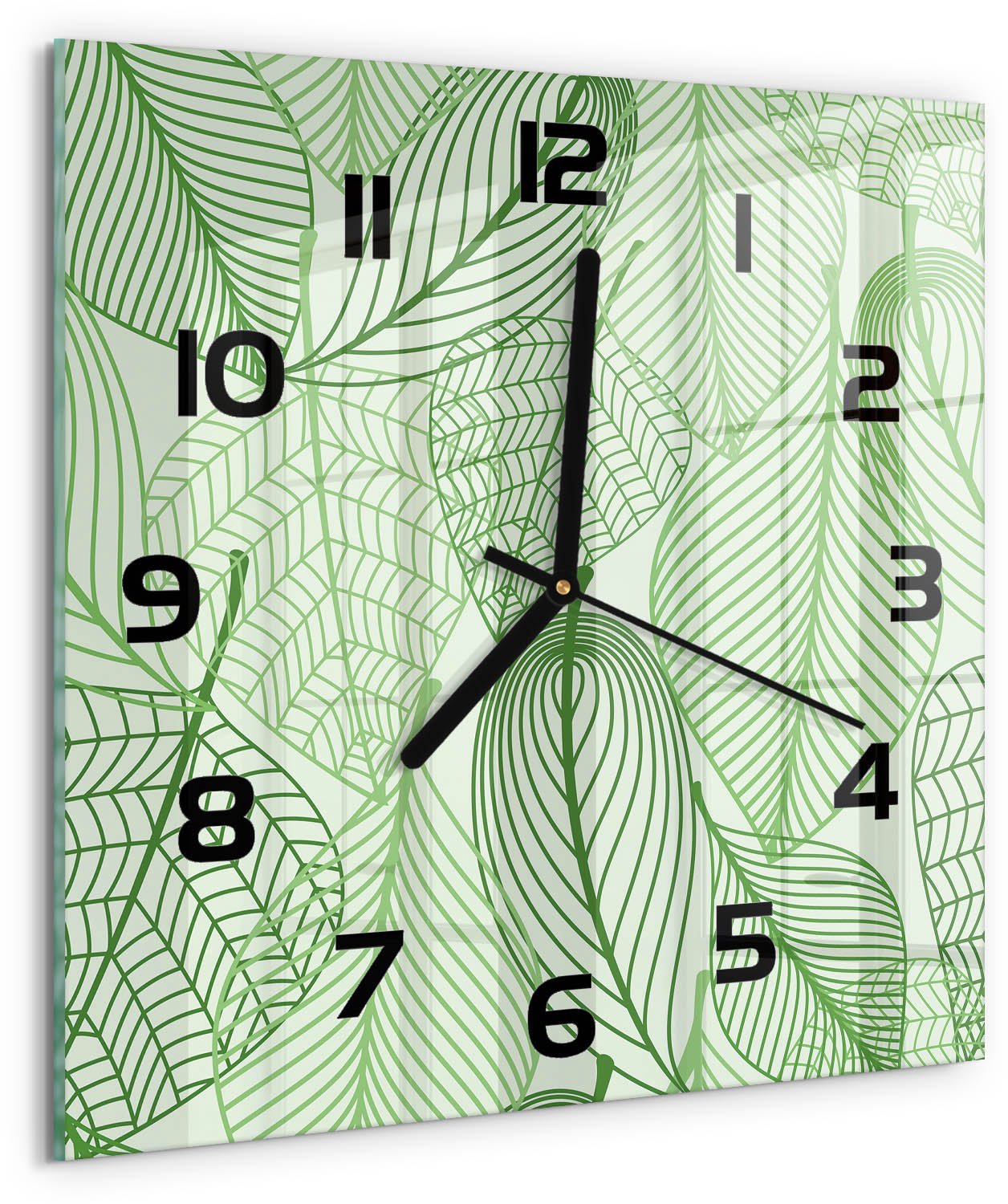 TULUP Wandklok - Bladpatroon Glazen Klok Met Print - 30x30 cm - Groente Wandklok Glas Met Motief - Zwarte handen - Vierkante Klok - Wandklok Glas Decoratie - Gekleurde Glazen Klok