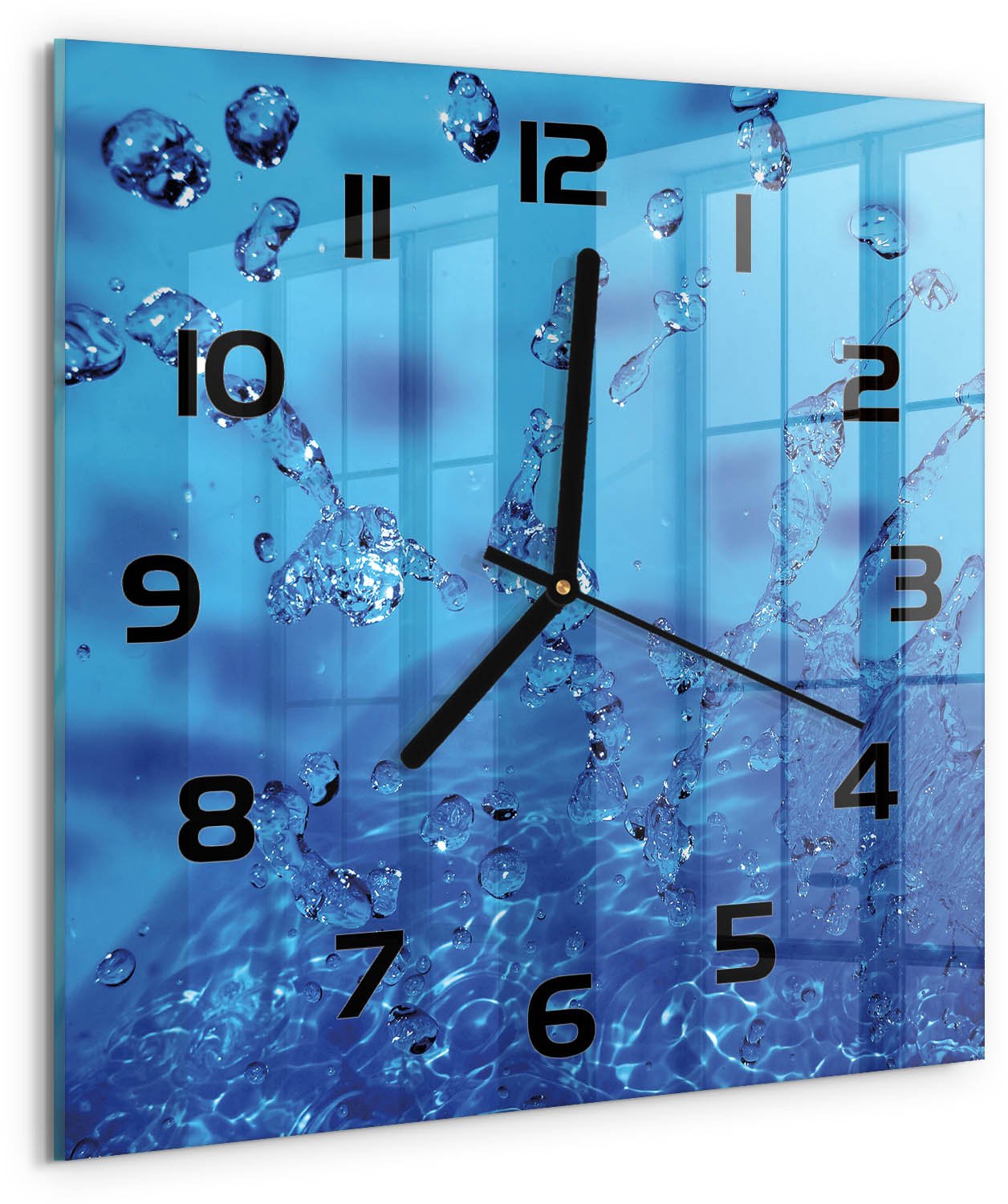 TULUP Wandklok - Waterdruppels Wandklok Glas Decoratie - 30x30 cm - Blauw Gekleurde Glazen Klok - Zwarte handen - Vierkante Klok - Klok Glas Met Opdruk - Moderne Wandklok Glas